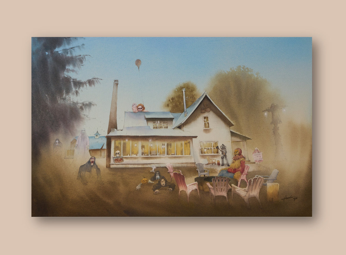 Ghost House (Daytime) - "Watercolor Painting" - Halloween - The Silence Before Night -  Painting for Room - 13x20 Inches - [Ando0001]