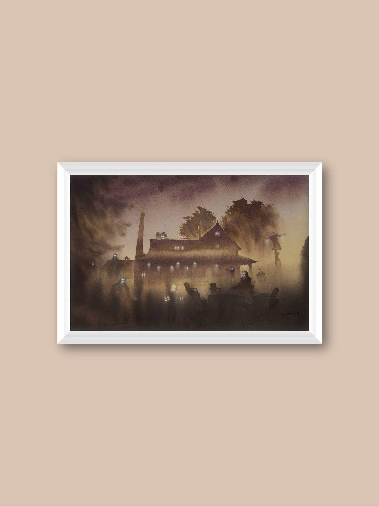 Ghost House (Night) -  "Watercolor Painting" - Halloween - Midnight Party - Painting for Room - 13x20 Inches - [Ando0002]