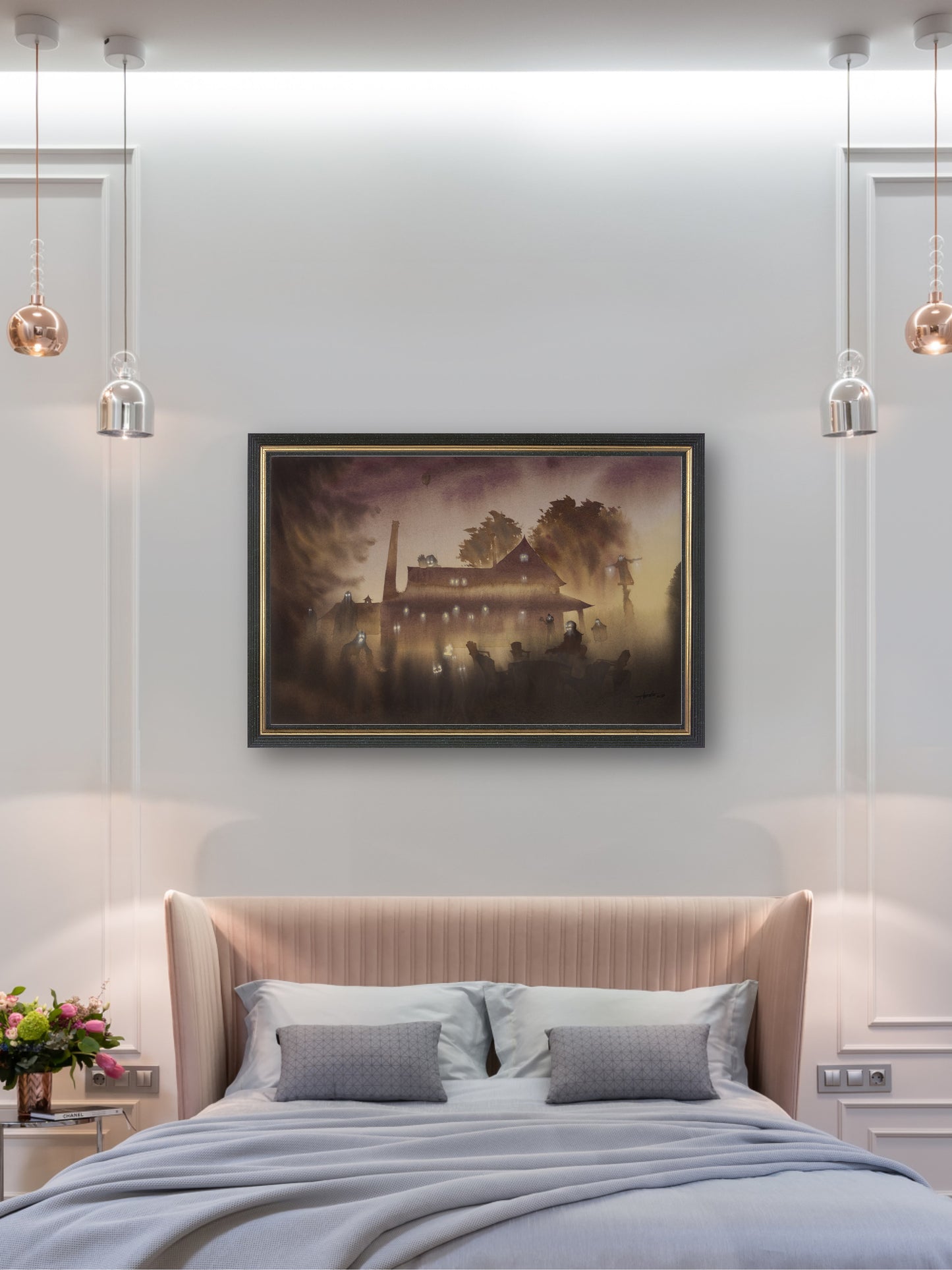 Ghost House (Night) -  "Watercolor Painting" - Halloween - Midnight Party - Painting for Room - 13x20 Inches - [Ando0002]