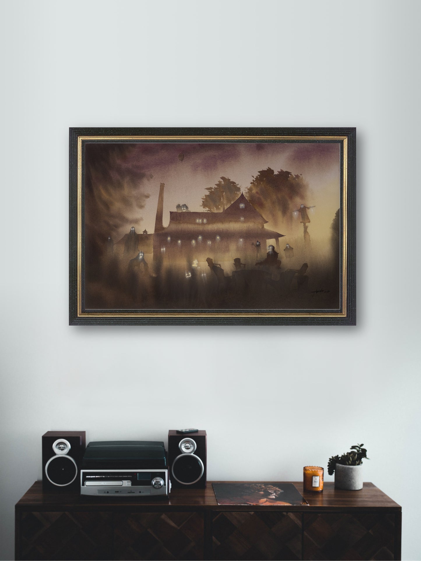 Ghost House (Night) -  "Watercolor Painting" - Halloween - Midnight Party - Painting for Room - 13x20 Inches - [Ando0002]