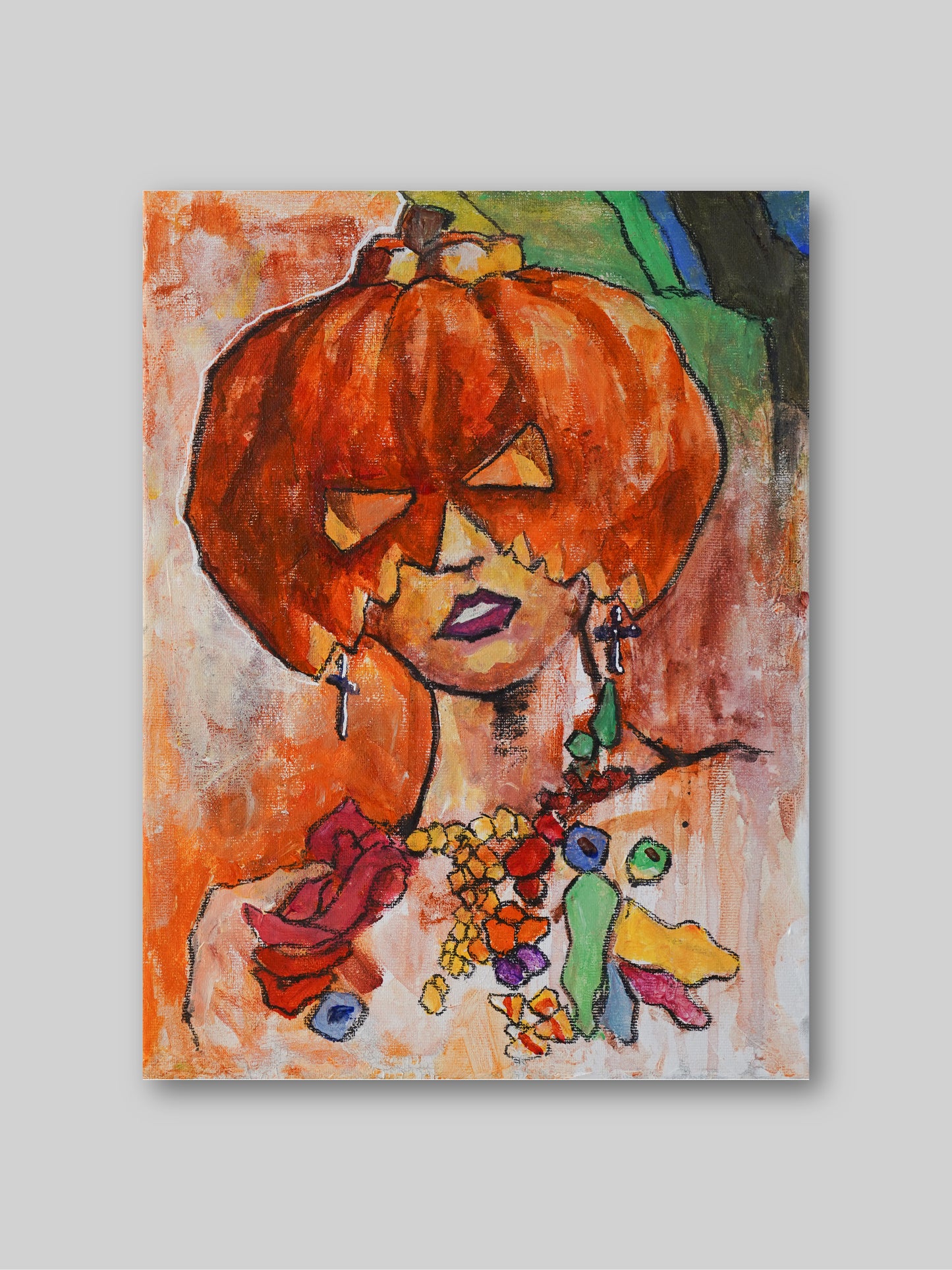 Pumpkin Girl - “Acrylic painting” -  Halloween - painting for Room - 15.7x11.8 Inches - [Nicola0005]