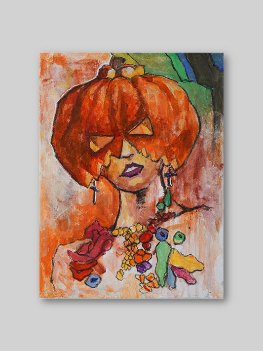 Pumpkin Girl - “Acrylic painting” -  Halloween - painting for Room - 15.7x11.8 Inches - [Nicola0005]