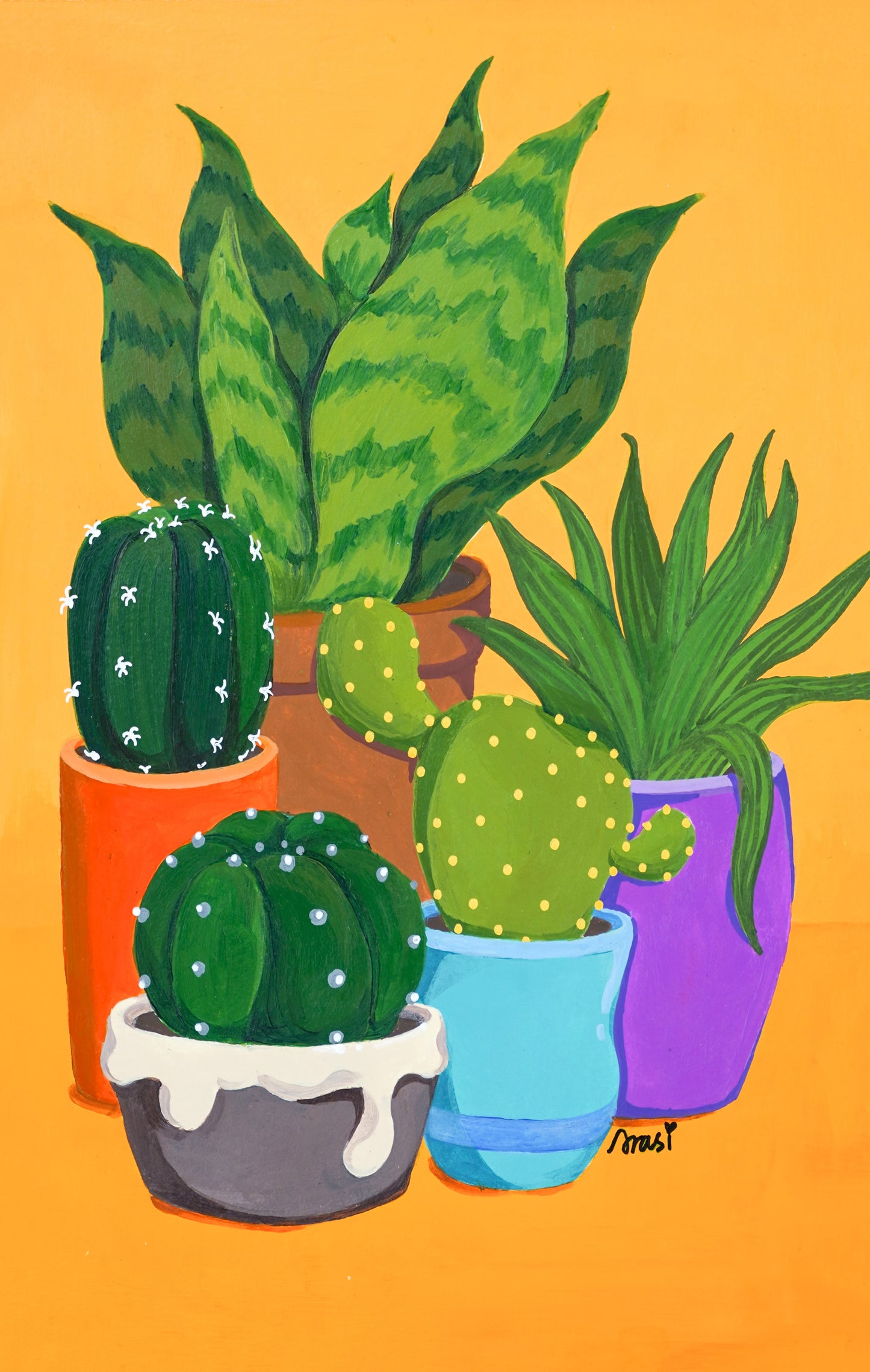 Cactus & 3 - “Acrylic painting”  - painting for Room - 11.2x7.5 Inches - [Arasi0007]