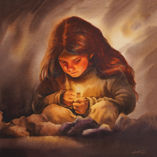 Match Girl - Light & Darkness - "Watercolor Painting" - Painting for Room - 14.6x14.6 Inches - [Ando0006]