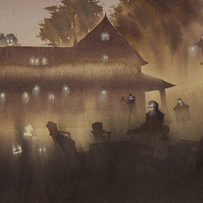 Ghost House (Night) -  "Watercolor Painting" - Halloween - Midnight Party - Painting for Room - 13x20 Inches - [Ando0002]